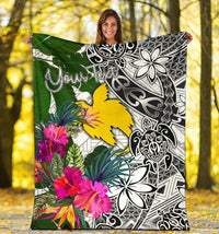 Papua New Guinea Custom Personalised Premium Blanket White - Turtle Plumeria Banana Leaf - Polynesian Pride