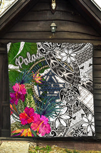 Palau Premium Quilt White - Turtle Plumeria Banana Leaf Crest - Polynesian Pride