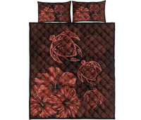 Hawaiian Map Turtle Hibiscus Polynesian Quilt Bedding Set Red Vintage Red - Polynesian Pride