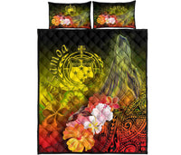 Samoa Quilt Bed Set - Humpback Whale with Tropical Flowers (Yellow) - Polynesian Pride