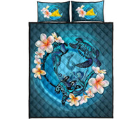 Tokelau Polynesian Quilt Bed Set - Blue Plumeria Animal Tattoo - Polynesian Pride
