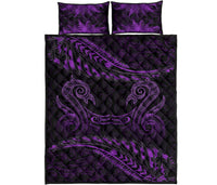 Aotearoa Quilt Bed Set Purple Maori Manaia With Silver Fern - Polynesian Pride