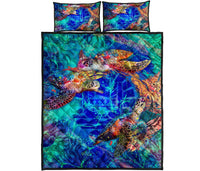 Tahiti Polynesian Quilt Bed Set - Tahiti Flag Turtle Coral Treasure - Polynesian Pride