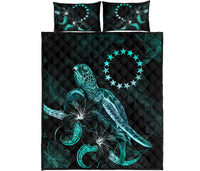 Cook Islands Polynesian Quilt Bed Set - Turtle With Blooming Hibiscus Turquoise - Polynesian Pride