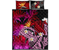 Kanaka Maoli (Hawaiian) Quilt Bed Set, Polynesian Pineapple Banana Leaves Turtle Tattoo Pink Pink - Polynesian Pride