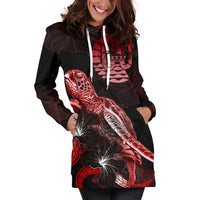 Tahiti Polynesian Hoodie Dress - Turtle With Blooming Hibiscus Red - Polynesian Pride