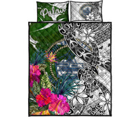 Palau Quilt Bed Set White - Turtle Plumeria Banana Leaf Crest - Polynesian Pride