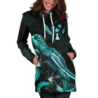 Kosrae Polynesian Hoodie Dress - Turtle With Blooming Hibiscus Turquoise - Polynesian Pride