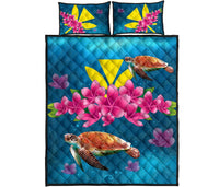 Hawaii Plumeria Kanaka Turtle Sea Quilt Bed Set Blue - Polynesian Pride
