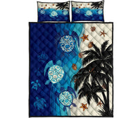 Hawaiian Sea Turtle Symbol Palm Quilt Bed Set Blue - Polynesian Pride