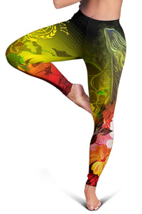 Custom Personalised Samoa Leggings- Humpback Whale with Tropical Flowers (Yellow) - Polynesian Pride