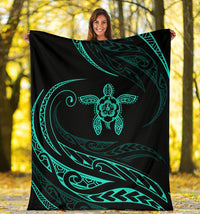 Hawaii Turtle Hibicus Premium Blanket - Frida Style - Turquoise - Polynesian Pride