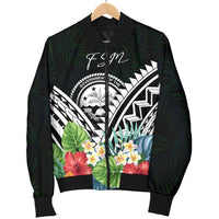 FSM Men's Bomber Jacket - FSM Coat of Arms & Polynesian Tropical Flowers White - Polynesian Pride