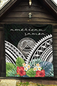 American Samoa Premium Quilt - American Samoa Coat of Arms & Polynesian Tropical Flowers White - Polynesian Pride