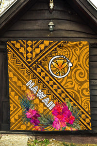 Hawaii Premium Quilt - Kanaka Maoli With Hibiscus On Polynesian Patterns (YELLOW) - Polynesian Pride
