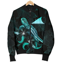 Tokelau Polynesian Men's Bomber Jacket - Turtle With Blooming Hibiscus Turquoise - Polynesian Pride