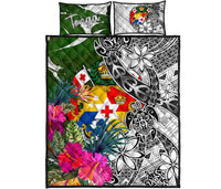 Tonga Quilt Bed Set White - Turtle Plumeria Banana Leaf - Polynesian Pride