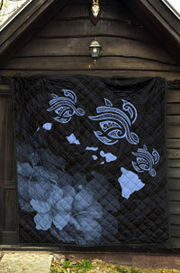 Hawaii Hibiscus Map Polynesian Ancient Blue Premium Quilt - Polynesian Pride