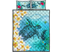Polynesian Turtle Quilt Bed Set, Plumeria With Hibiscus Quilt And Pillow Cover Blue - Polynesian Pride