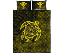 Hawaii Turtle Kanaka Map Hibiscus Poly Quilt Bed Set - Yellow Yellow - Polynesian Pride