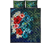 Kanaka Maoli (Hawaiian) Quilt Bed Set - Ocean Turtle Coconut Tree And Hibiscus Blue - Polynesian Pride