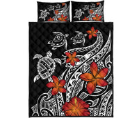 Hawaiian Map Turtle Swim Plumeria Polynesian Quilt Bedding Set Black - Polynesian Pride