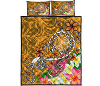 Hawaii Quilt Bed Set - Turtle Plumeria Polynesian Tattoo Gold Color - Polynesian Pride