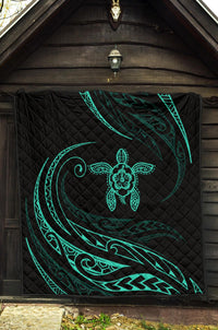Hawaii Turtle Hibicus Premium Quilt - Frida Style - Turquoise - Polynesian Pride