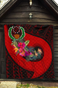 Pohnpei Premium Quilt - Polynesian Hook And Hibiscus (Red) - Polynesian Pride