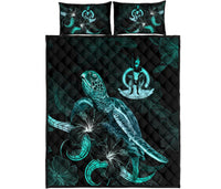 Vanuatu Polynesian Quilt Bed Set - Turtle With Blooming Hibiscus Turquoise - Polynesian Pride