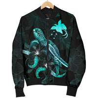 Papua New Guinea Polynesian Men's Bomber Jacket - Turtle With Blooming Hibiscus Turquoise - Polynesian Pride