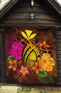 Hawaii Turtle Tribal Map Hibiscus Plumeria Premium Quilt - Polynesian Pride