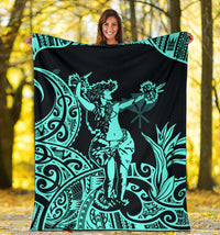 Polynesian Hawaii Premium Blanket - Hula Girl Neon Blue - Polynesian Pride