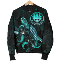 Federated States of Micronesia Polynesian Men's Bomber Jacket - Turtle With Blooming Hibiscus Turquoise - Polynesian Pride