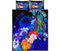 Federated States of Micronesia Quilt Bed Set - Humpback Whale with Tropical Flowers (Blue) - Polynesian Pride