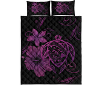 Hawaii Turtle Kanaka Map Hibiscus Poly Quilt Bed Set - Pink Art - Polynesian Pride