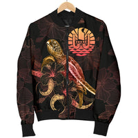 Tahiti Polynesian Men's Bomber Jacket - Turtle With Blooming Hibiscus Gold - Polynesian Pride
