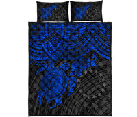 Cook Islands Polynesian Quilt Bed Set - Cook Islands Flag & Blue Turtle Hibiscus - Polynesian Pride