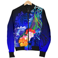 Samoa Men's Bomber Jacket - Humpback Whale with Tropical Flowers (Blue) - Polynesian Pride