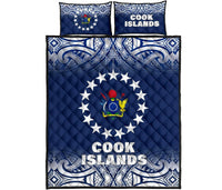 Cook Islands Quilt Bed Set - Cook Islands Flag Coat Of Arms Polynesian Tattoo Blue Fog Style Blue - Polynesian Pride