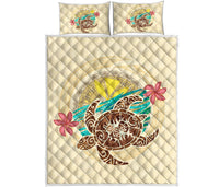 Kanaka Maoli (Hawaii) Quilt Bed Set - Turtle Polynesian Flower Tattoo Beige - Polynesian Pride