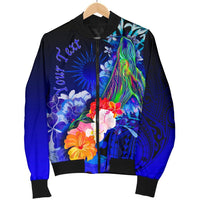 Marshall Islands Custom Personalised Men's Bomber Jackets - Humpback Whale with Tropical Flowers (Blue) - Polynesian Pride