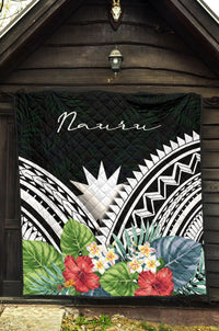 Nauru Premium Quilt - Nauru Coat of Arms & Polynesian Tropical Flowers White - Polynesian Pride