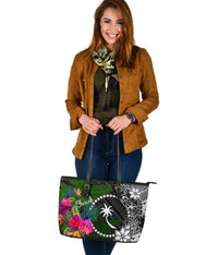 Chuuk Large Leather Tote Bag - Turtle Plumeria Banana Leaf - Polynesian Pride