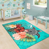 Turtle Polynesian Area Rug Hibiscus Polynesian Turquoise - Polynesian Pride