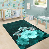 Polynesian Area Rug Turtle And Hibiscus Turquoise - Polynesian Pride