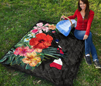 Hawaii Premium Quilt - Hawaii Map Hibiscus Quilt - Polynesian Pride