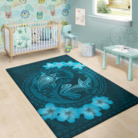 Hawaii Yin Yang Turtle Shark Hibiscus Plumeria Rug - Turquoise - Polynesian Pride