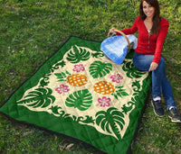 Hawaiian Pineapple Hibiscus Pattern Premium Quilt - Burgundy - Argu Style - AH - Polynesian Pride