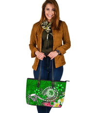 FSM Large Leather Tote Bag - Turtle Plumeria (Green) - Polynesian Pride